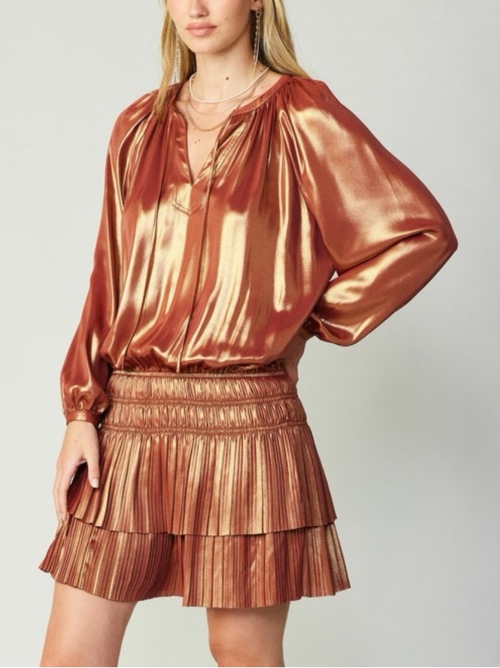 Anthropologie CURRENT AIR Aurelie Metallic Drop Waist Pleated Dress Rust Gold M